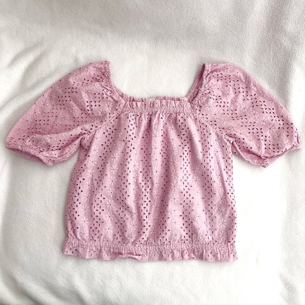 Crewcuts J Crew Eyelet Square Neck Puff Sleeve Pink Girl Top